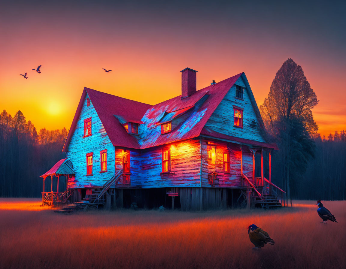 Weathered two-story house in field at sunset with peeling blue paint and birds in vibrant sky