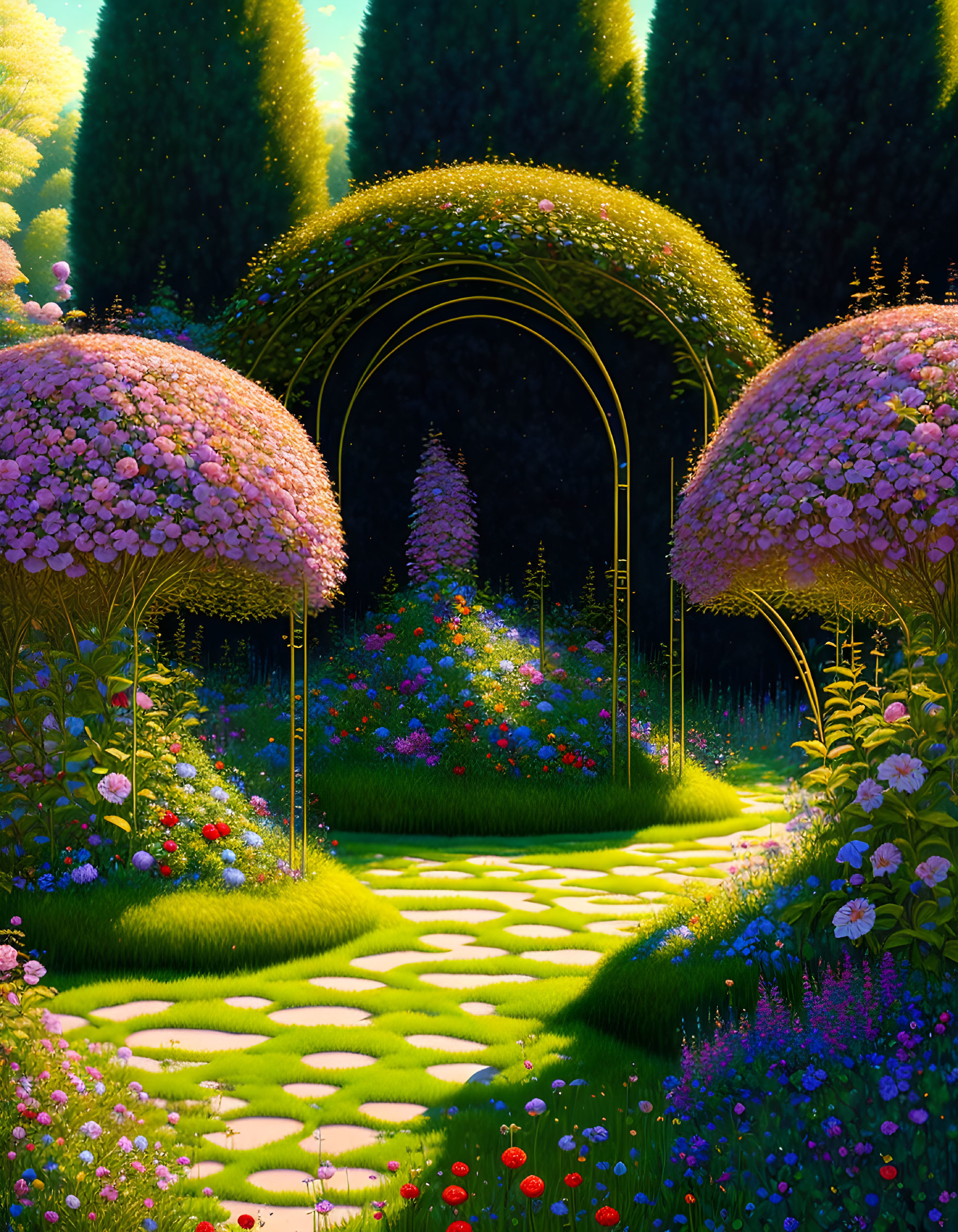 Lush Garden Path with Pink Trees and Sunlit Archway