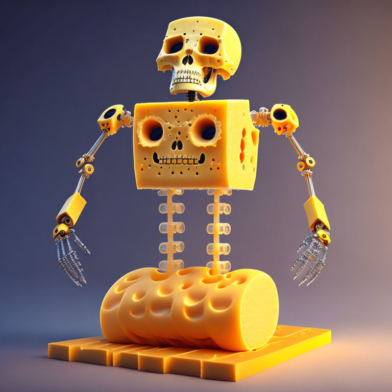 Cheese Robot Skeleton Sculpture on Purple Background