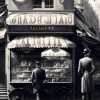 Two people outside Paris bakery at night in snowfall