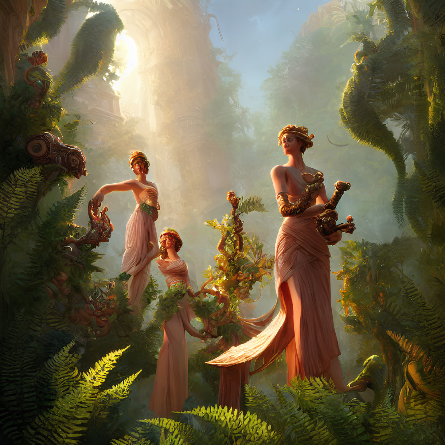 Ethereal women in flowing robes with lyre, cornucopia, and sunlight in enchanted forest