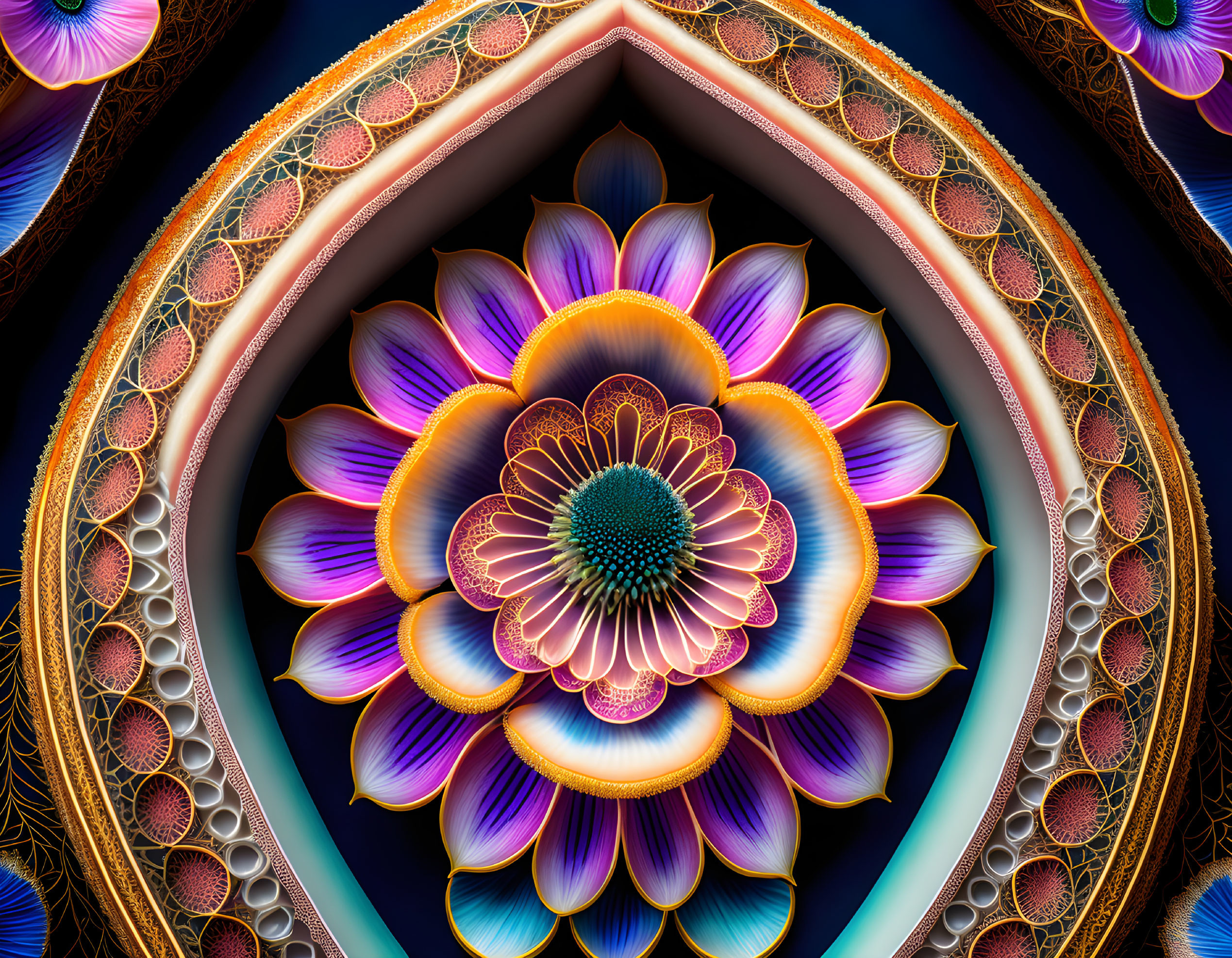 Colorful digital art: intricate lotus flower with rich purple-orange palette