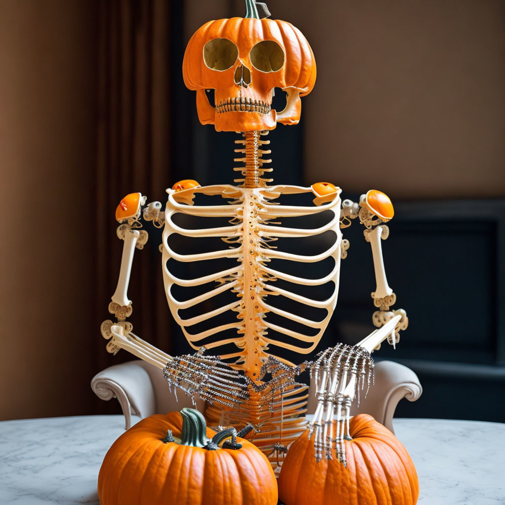 Skeleton Decoration with Pumpkin Head Surrounded by Pumpkins and Beads