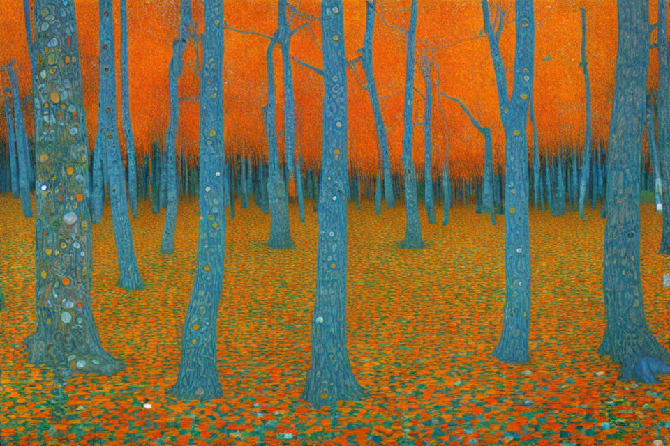 Colorful forest painting with blue trees and orange leaves on bright background