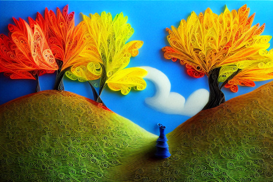 Colorful Quilled Paper Art: Trees, Hills, Sky, and Chess Pawn