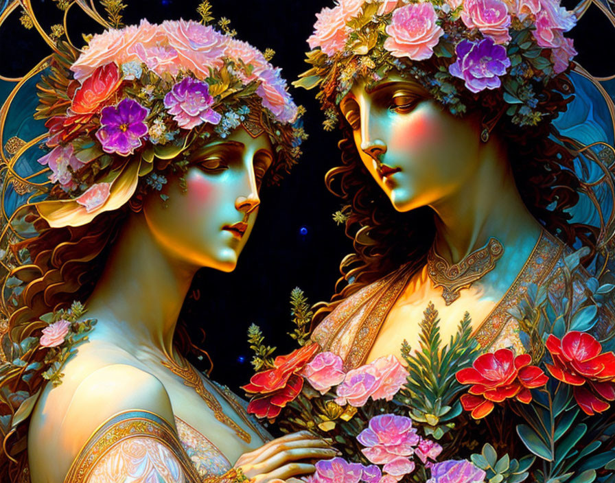 Ethereal women in floral crowns and intricate dresses among lush flowers