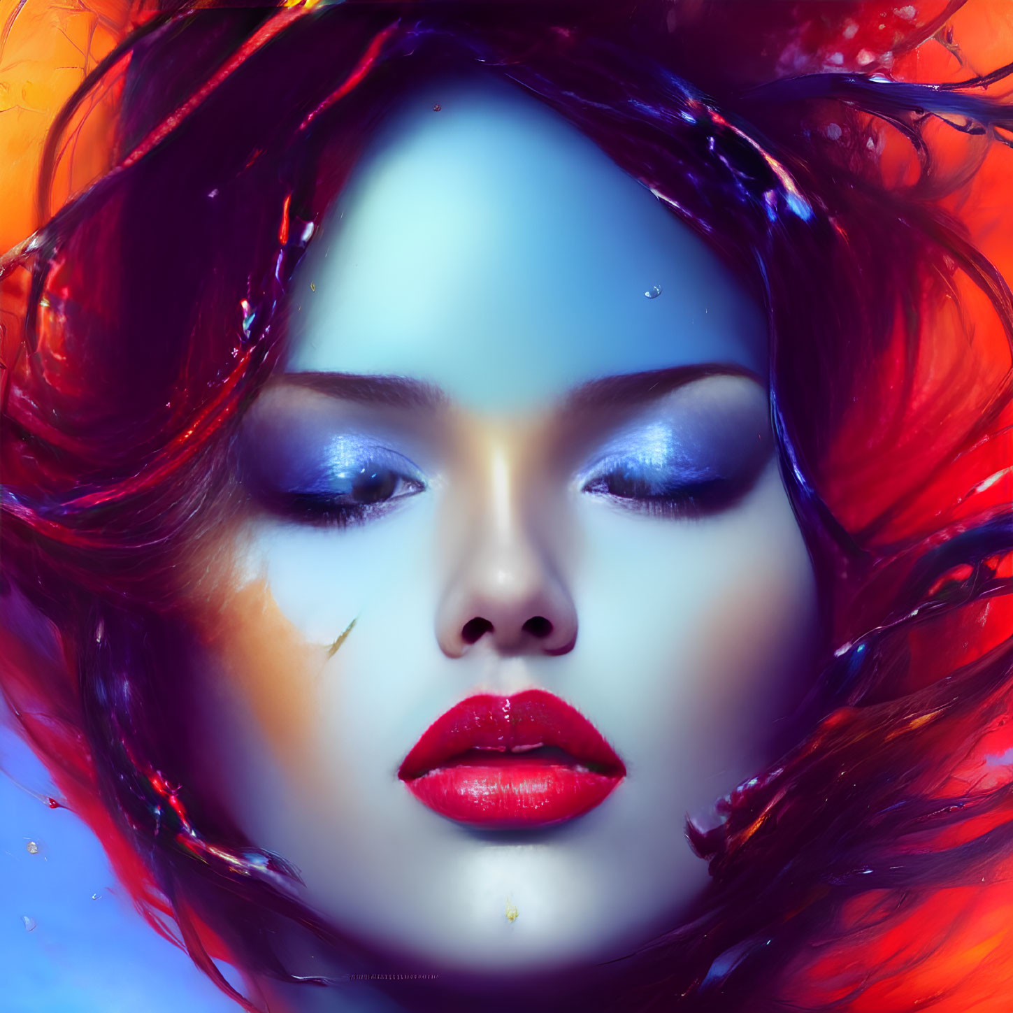 Vibrant portrait of a woman with red lips and colorful liquid swirls