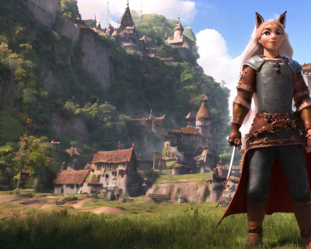 Female anthropomorphic fox in medieval armor overlooking lush valley with village and castle.