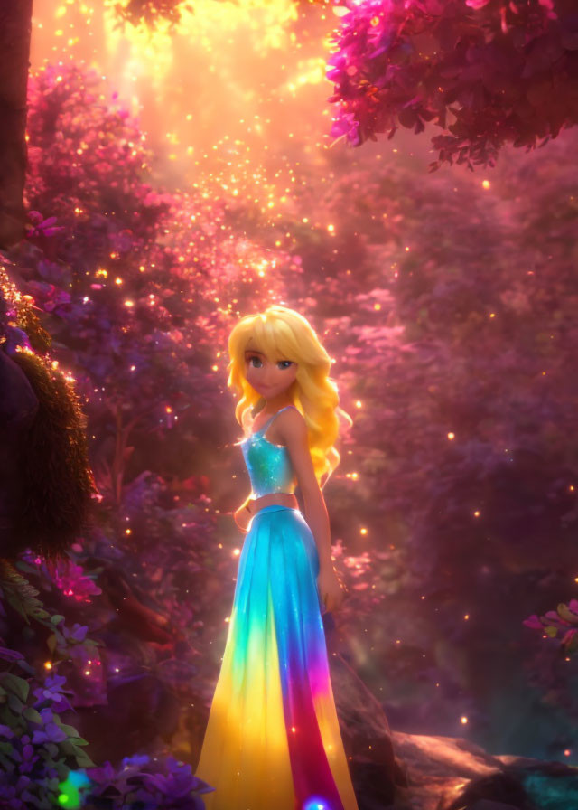 Blonde-haired animated princess in enchanted forest with glowing trees