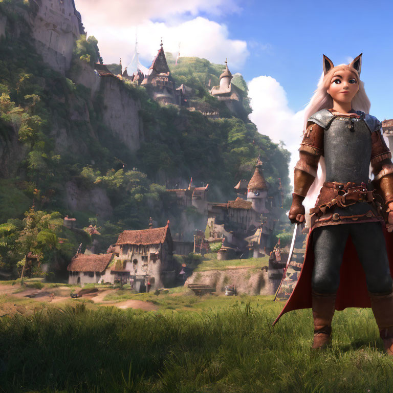 Female anthropomorphic fox in medieval armor overlooking lush valley with village and castle.