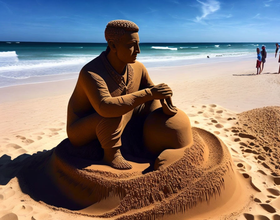 Sand sculpture of seated figure playing instrument on sunny beach