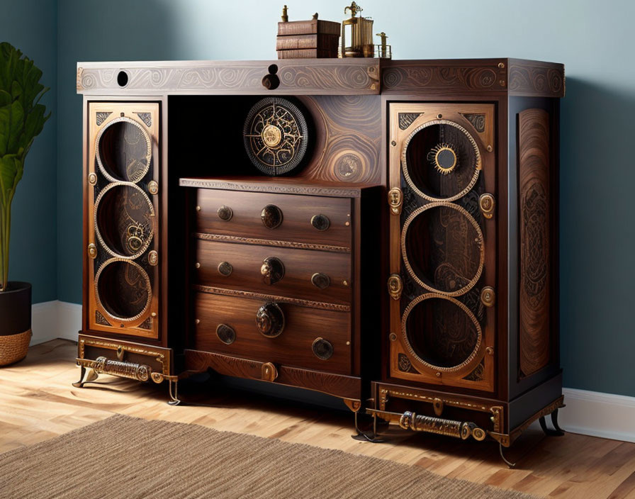 Steampunk-style Cabinet with Gears in Blue Room