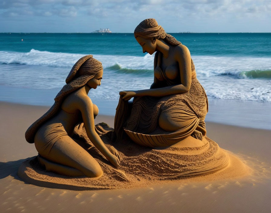 Intricately detailed sand sculpture of two women on a beach