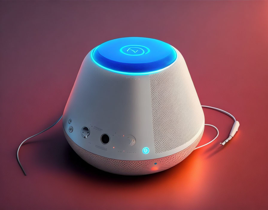 White smart speaker with blue glow & controls on red background