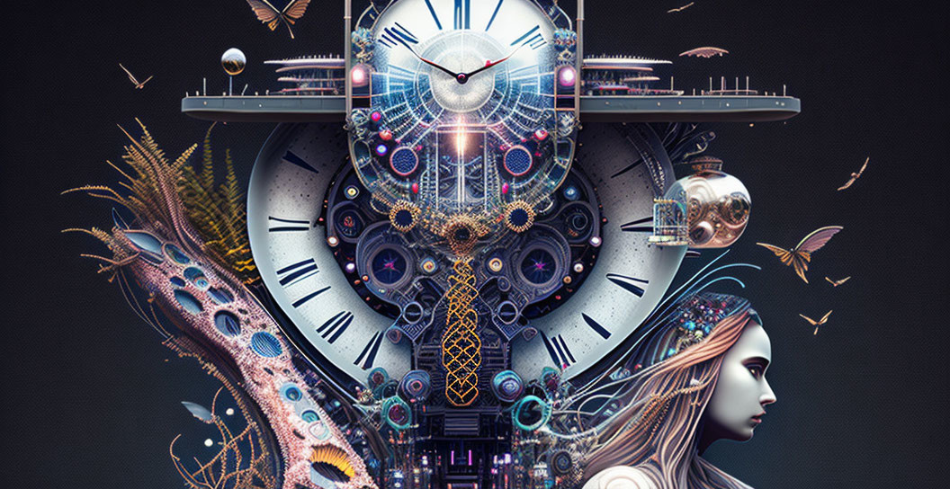 Woman's profile merged with clock and mechanical elements, organic motifs, floating orbs