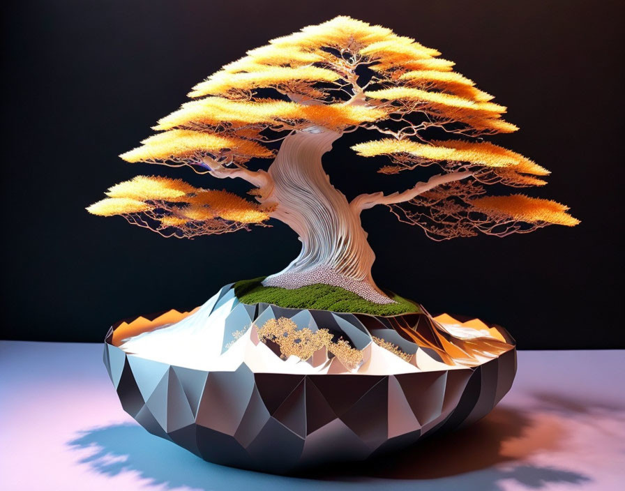 Stylized bonsai tree with white trunk and yellow leaves on rocky landscape base