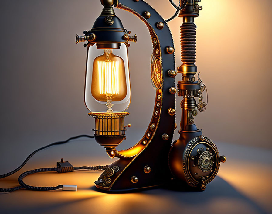 Intricate Steampunk-Style Lamp with Gears and Edison Bulb