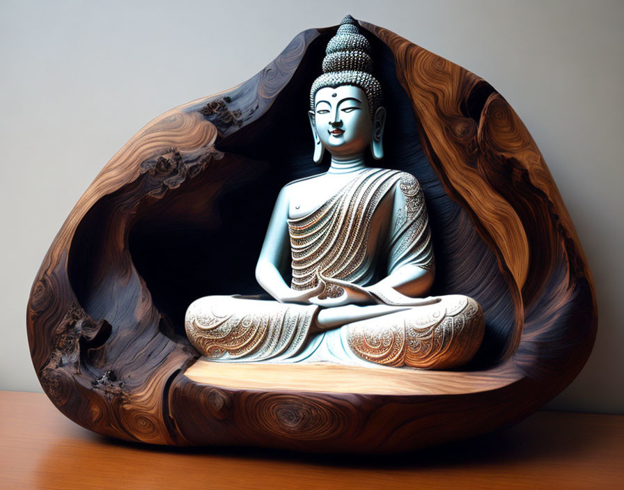 Polished wooden shell with carved Buddha statue on tabletop