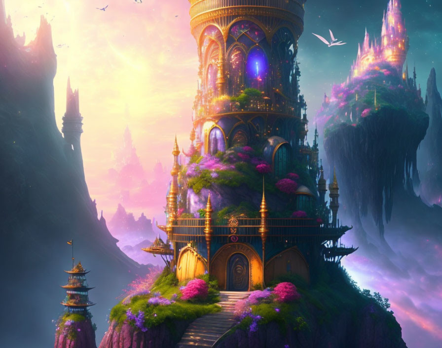 Majestic castle on floating islands in fantasy landscape