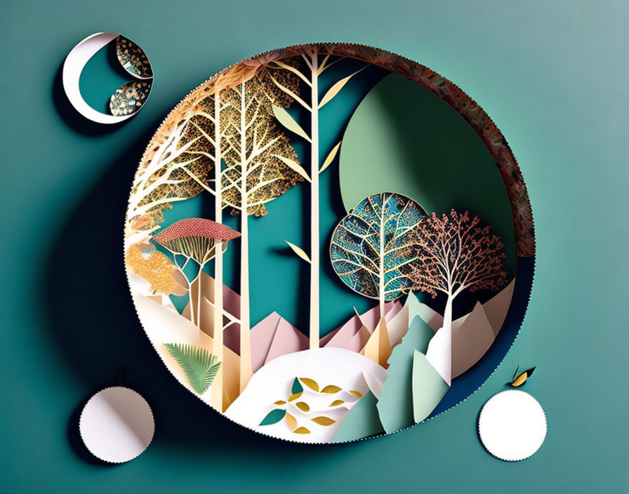 Intricate paper art forest scene with trees and mushrooms on teal background