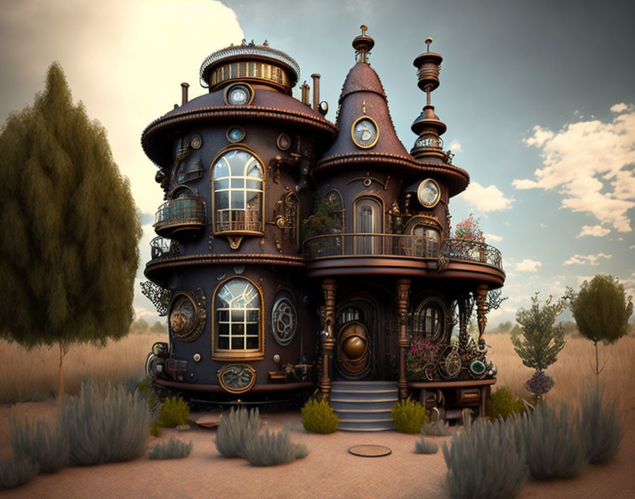 Steampunk-style house with rounded towers and copper accents in desert landscape