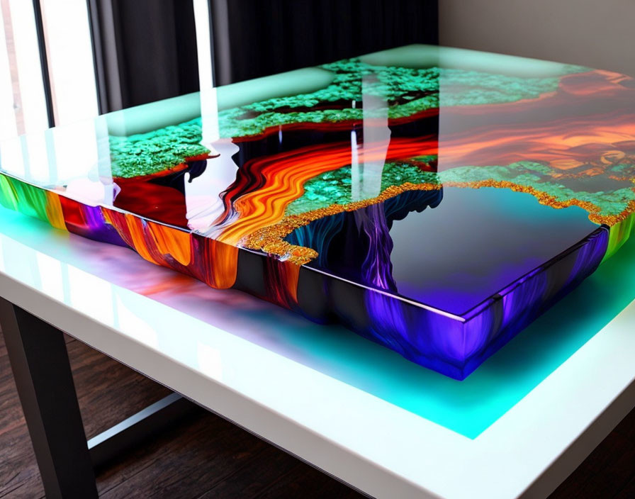 Vibrant Resin Art Piece Resembling Topographical Landscape