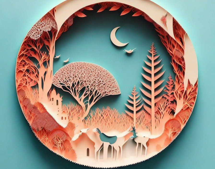 Detailed forest scene paper art: deer, trees, celestial elements in circular frame, warm colors on teal