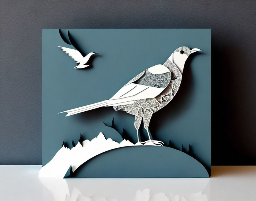 Intricate Paper Art: Bird on Branch with Flying Bird Cut-Outs