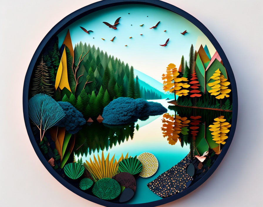 Circular Paper-Cut Forest Art: Trees, Lake, Birds in Colorful Composition