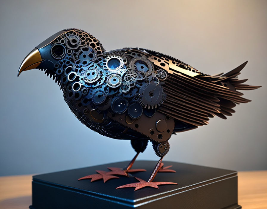 Steampunk-style mechanical bird sculpture on star-adorned box