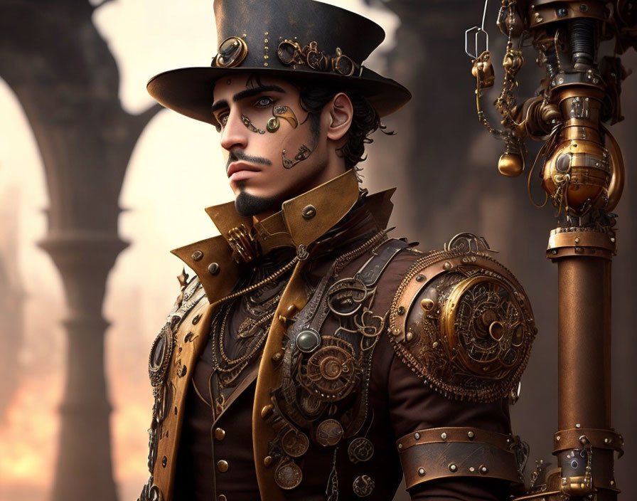 Steampunk-inspired man with gear accessories in foggy, gothic setting