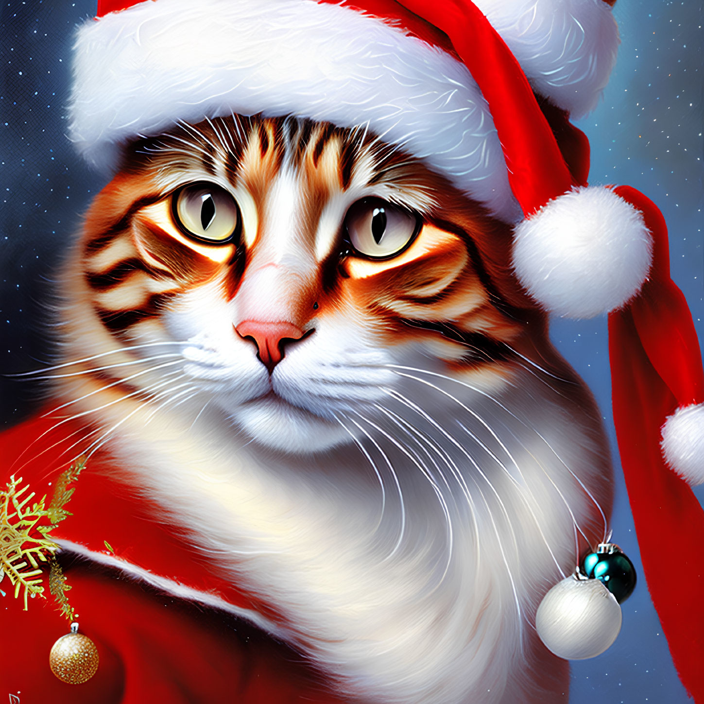 Festive cat in Santa hat and cloak with amber eyes in snowy Christmas scene