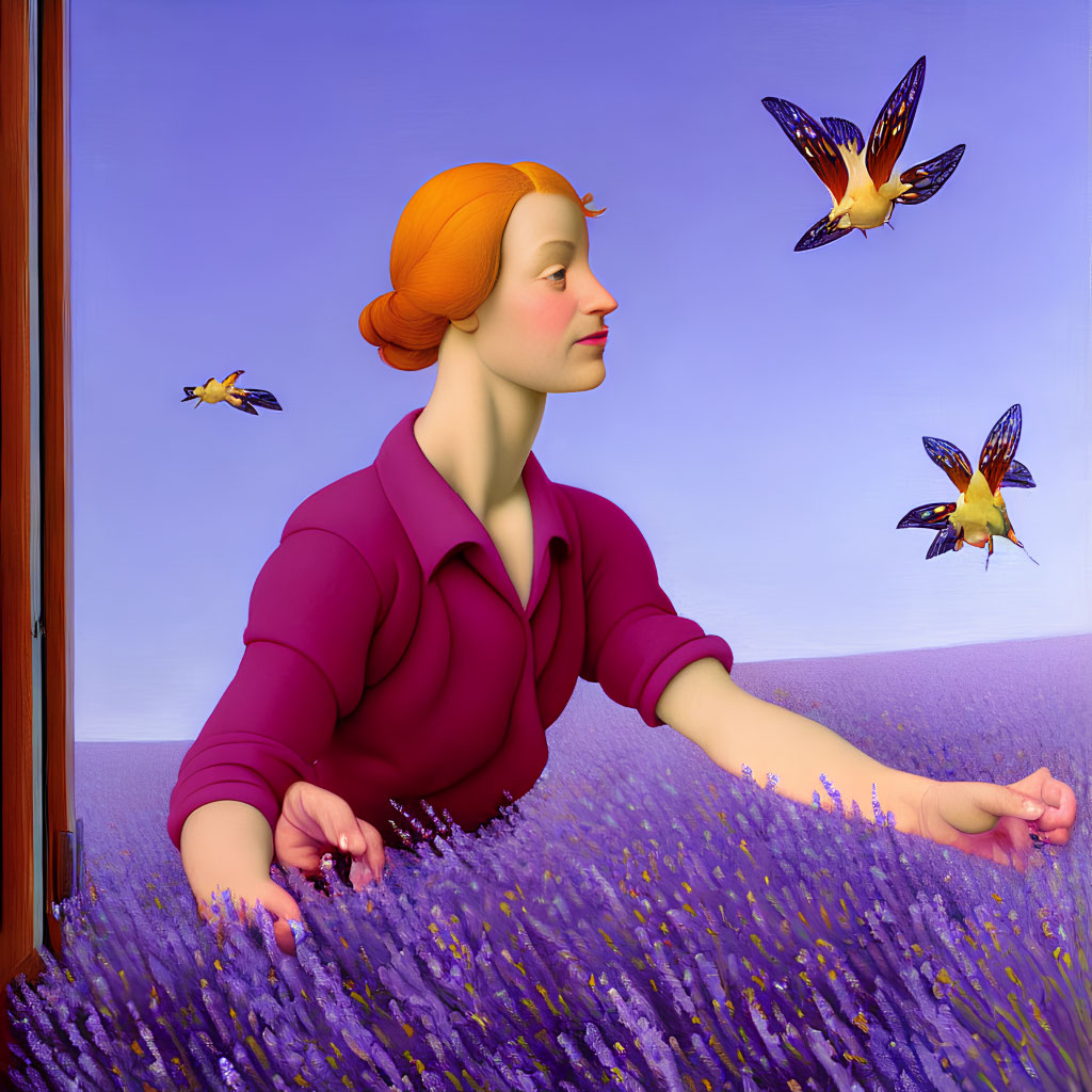 Woman in purple shirt with lavender field and flying birds - surreal painted scene