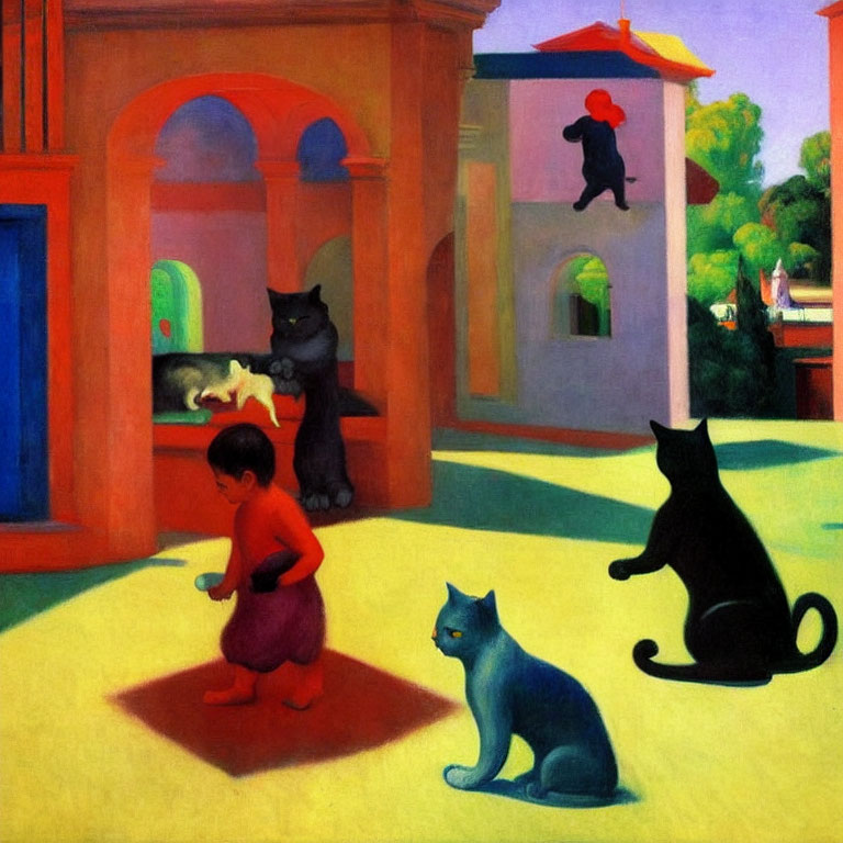 Colorful painting of child with stylized cats in courtyard, archways and figure silhouette.