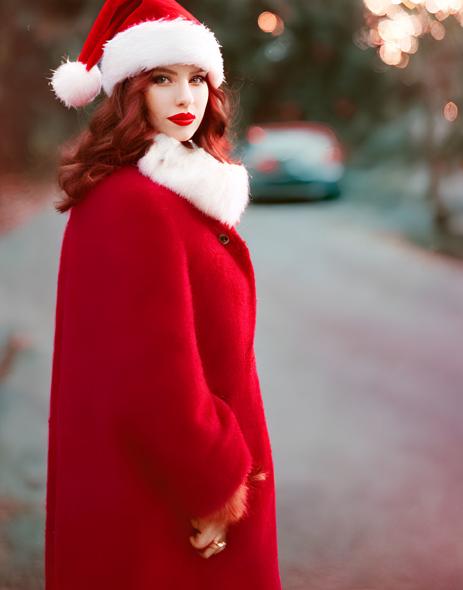 Woman in Santa Hat and Red Coat on Path with Blurred Background