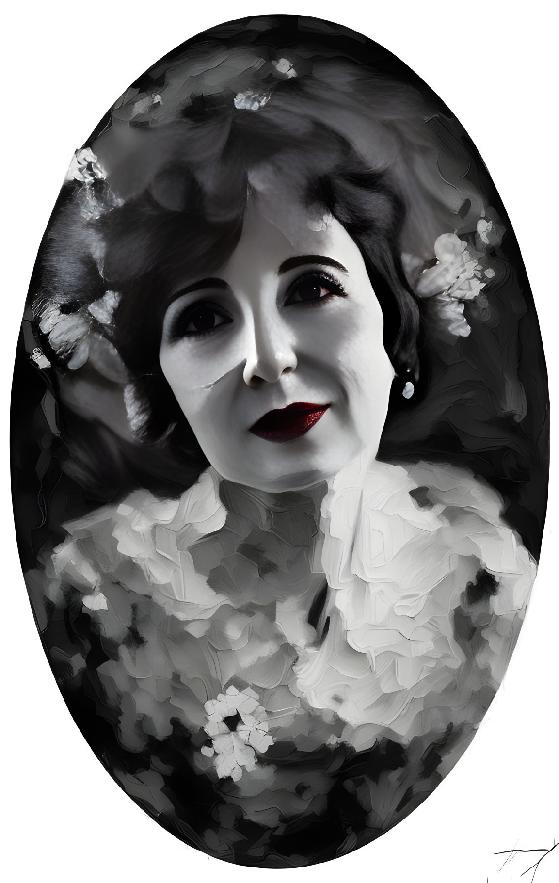 Greyscale portrait of woman with red lips, flowers in hair, ruffled blouse