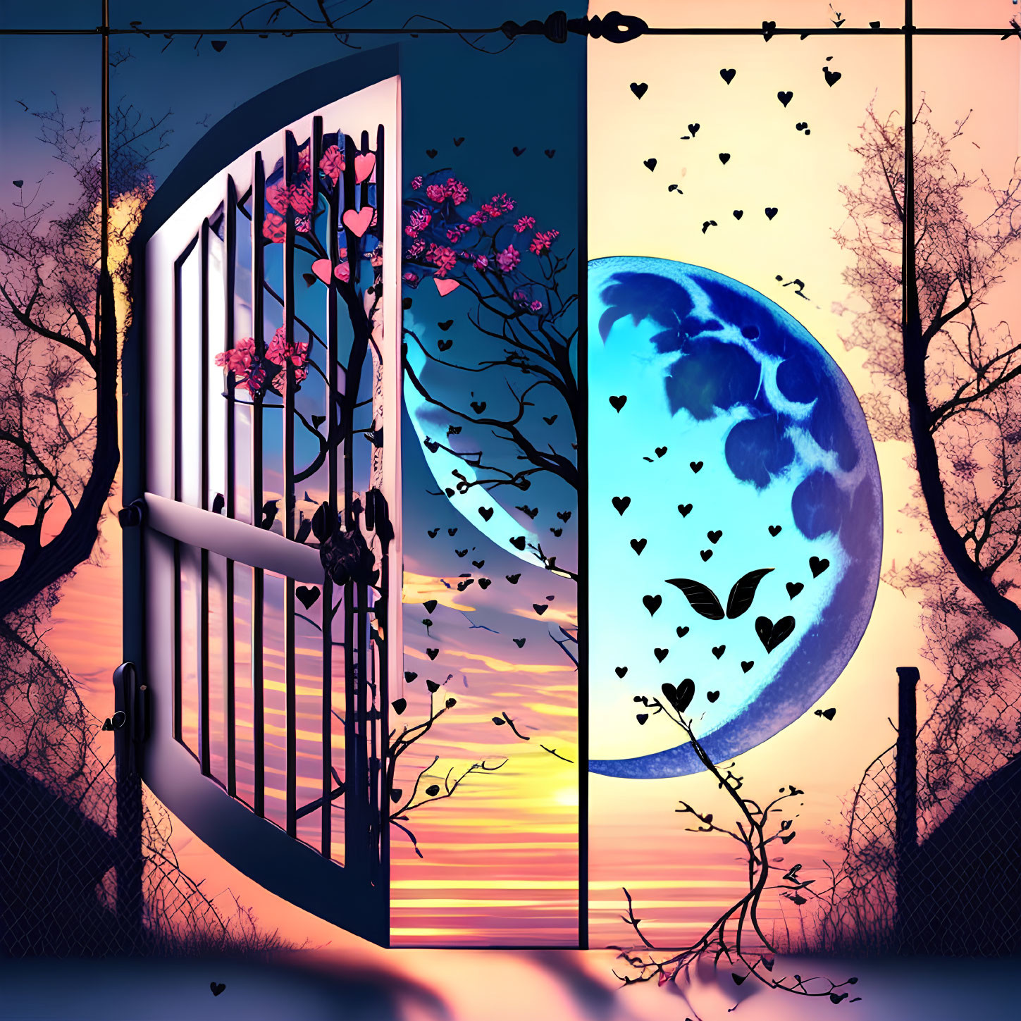 Digital artwork: Open gate divides sunset and night scenes