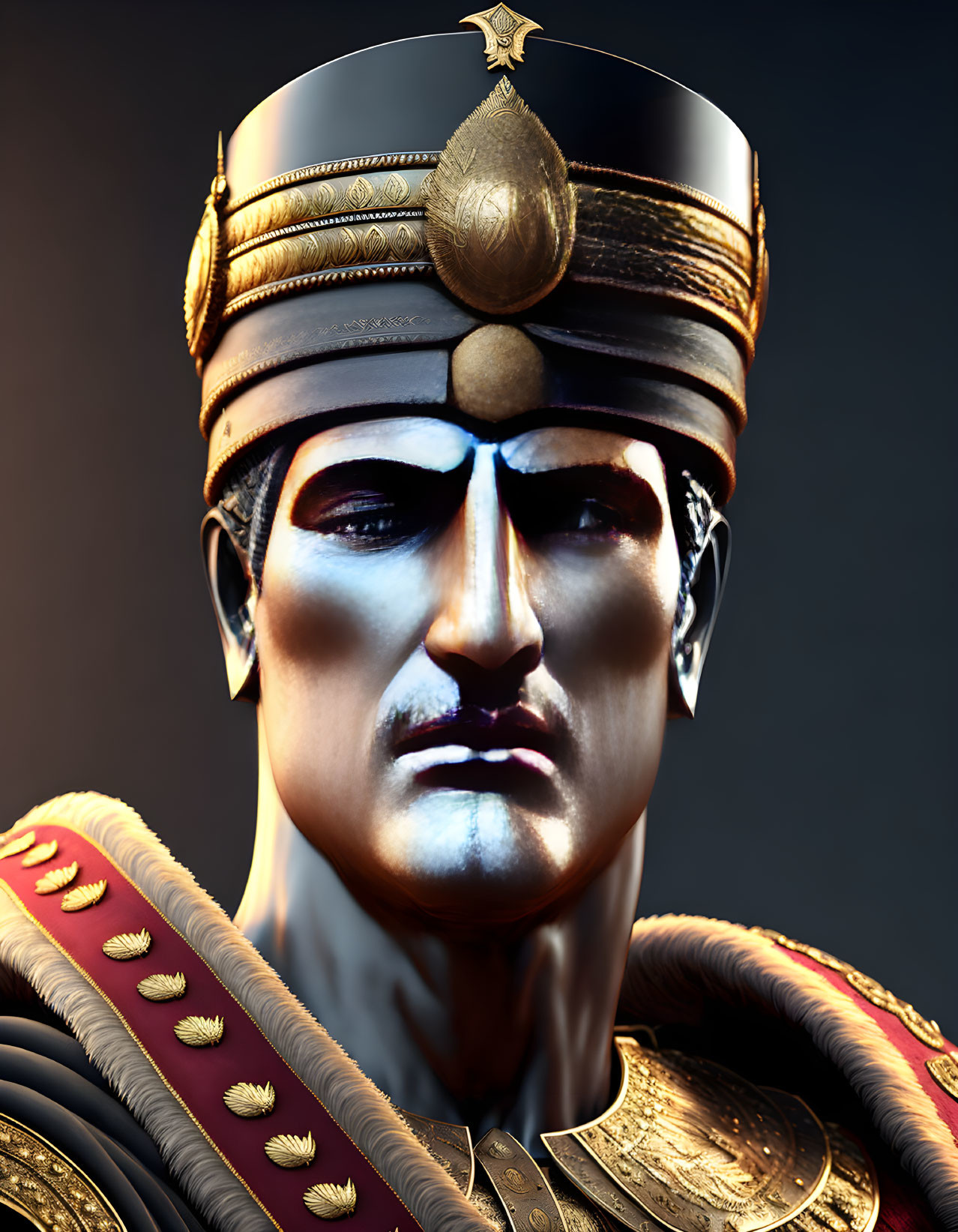 Regal male figure in golden crown and armor.