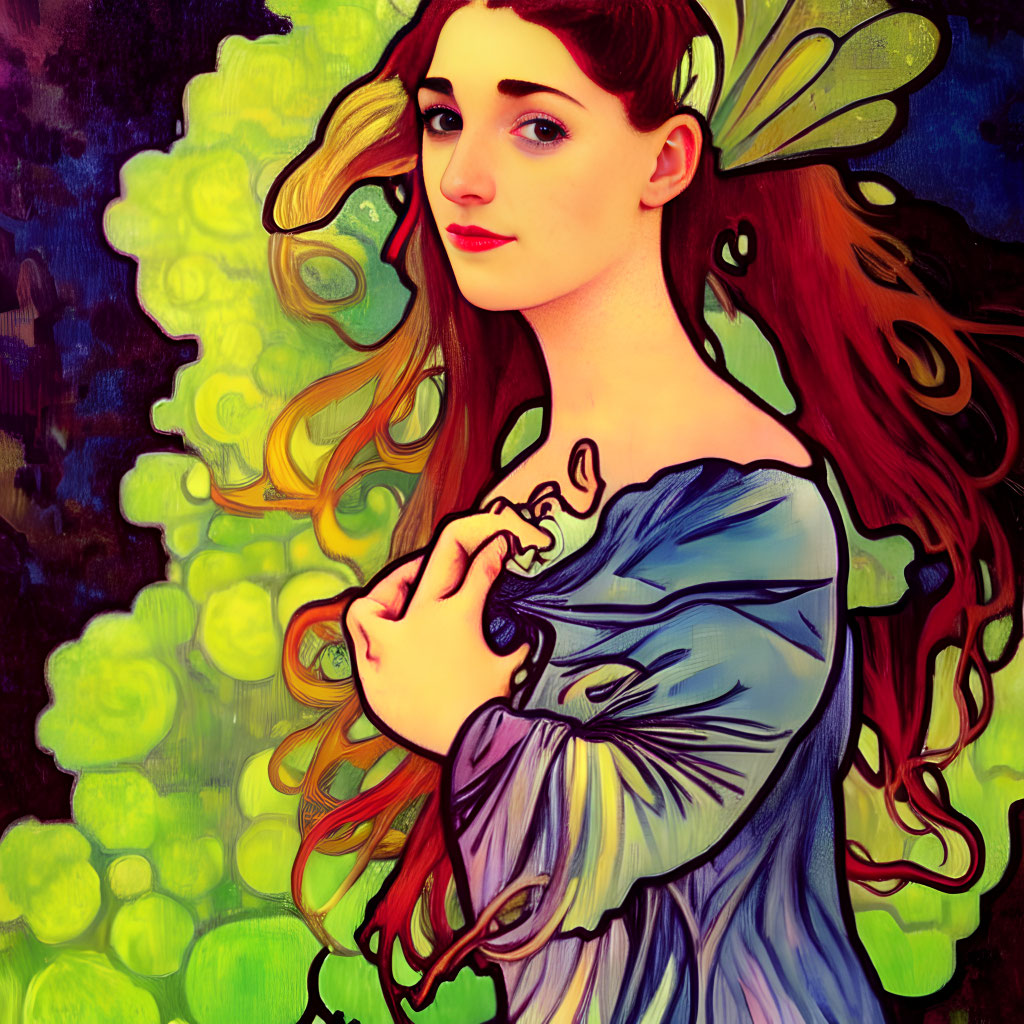Red-haired woman with fairy wings in blue dress among luminous orbs