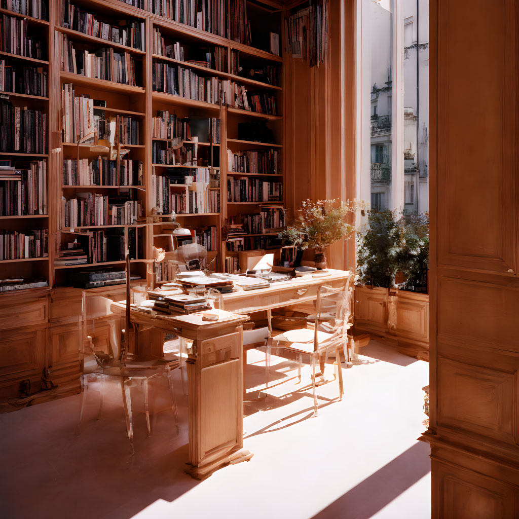 Cozy home library with floor-to-ceiling bookshelves, wooden desk, and city view.