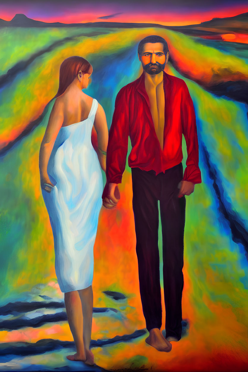 Man and woman holding hands in colorful landscape painting