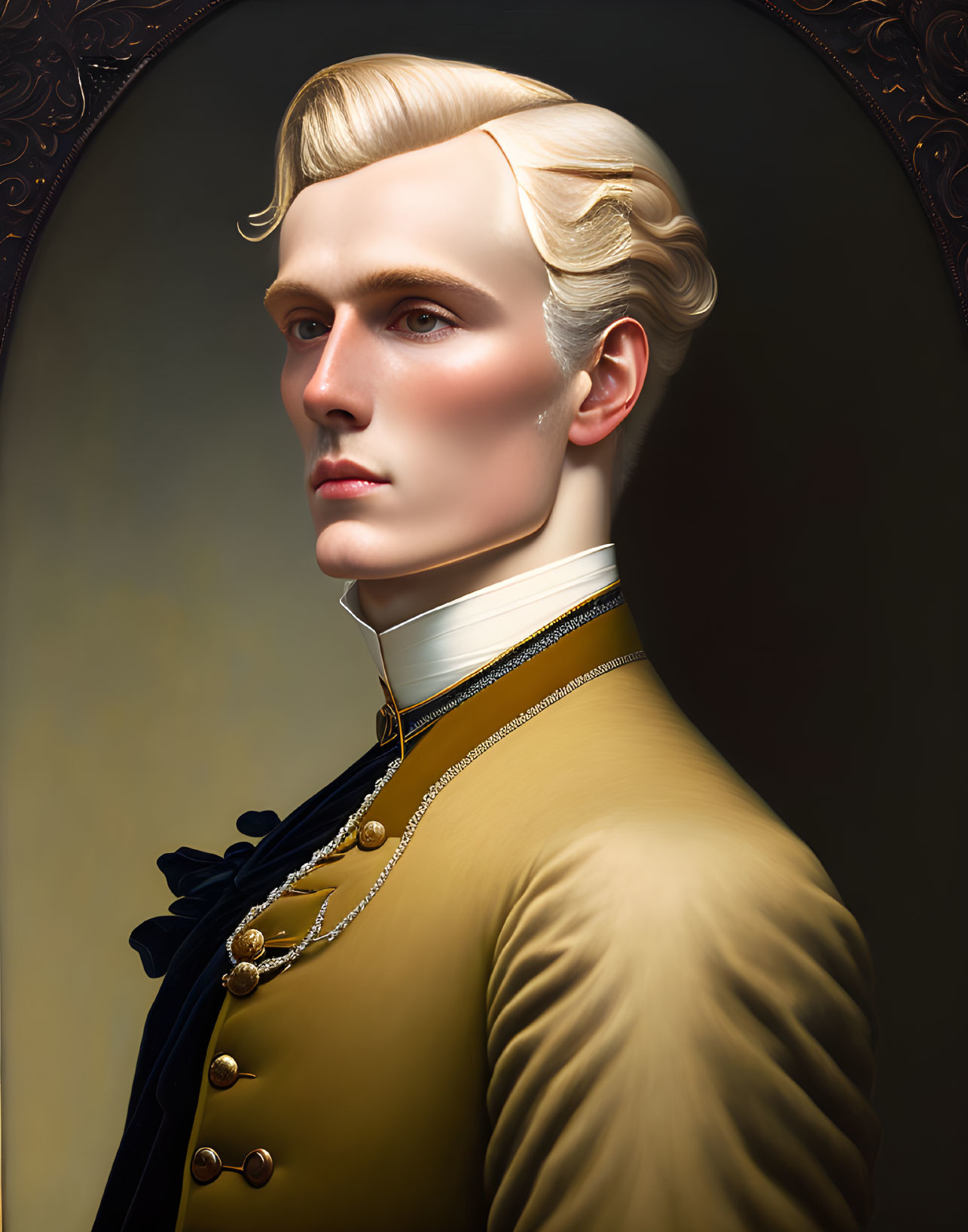 Blond-Haired Man in Vintage High-Collared Outfit with Gold Trim