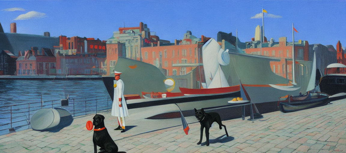 Stylized painting of sailor with black dog at quayside