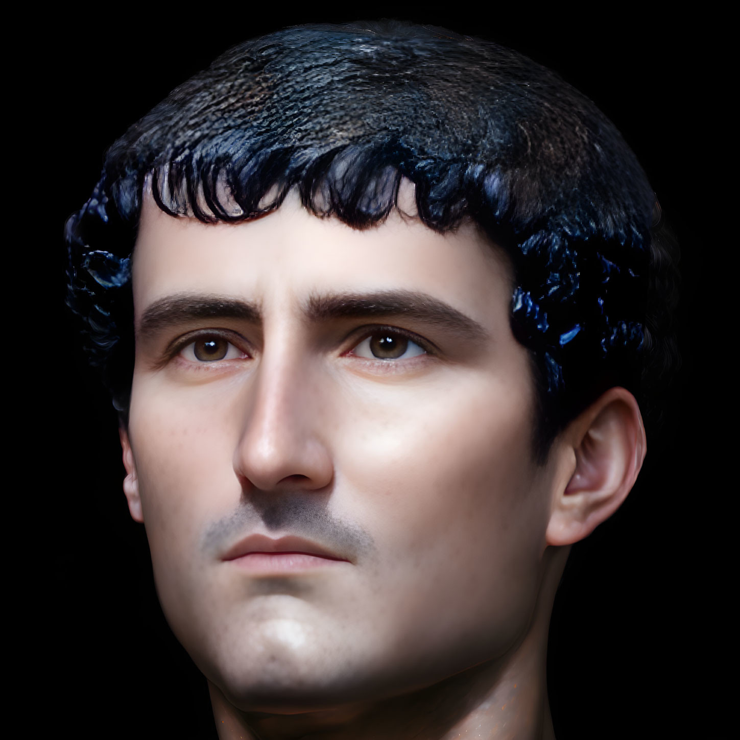 Male face 3D render: tanned skin, prominent nose, dark curly hair, serious expression