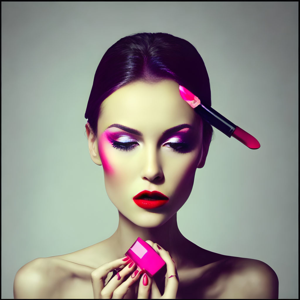 Vibrant makeup portrait of woman with pink eyeshadow and red lipstick