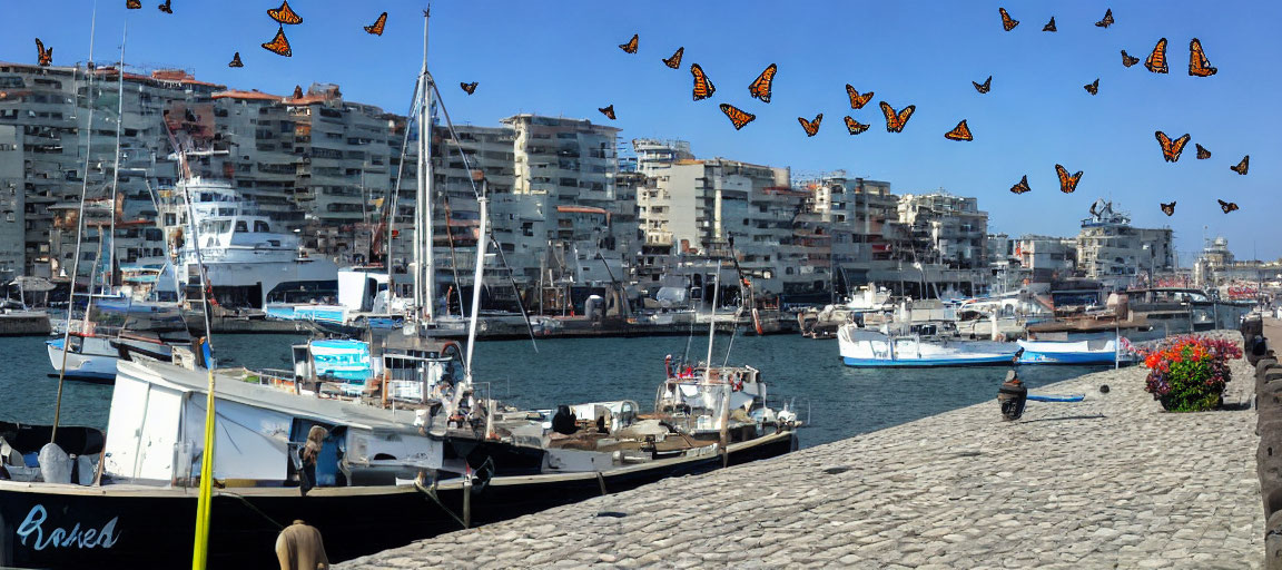 Boats at Stone Pier with Modern Buildings and Butterflies