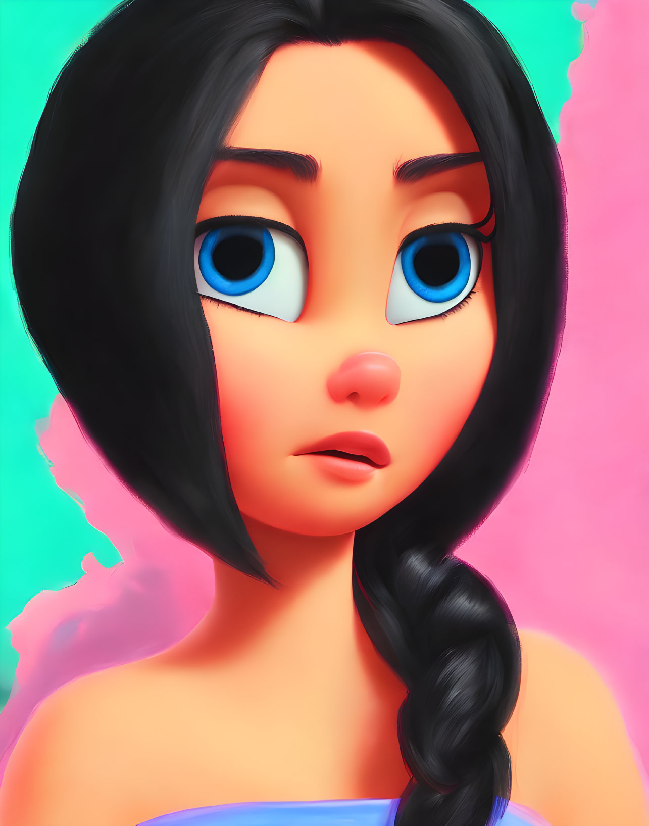 Digital illustration: Female character with blue eyes and black hair in braid on pink and blue background