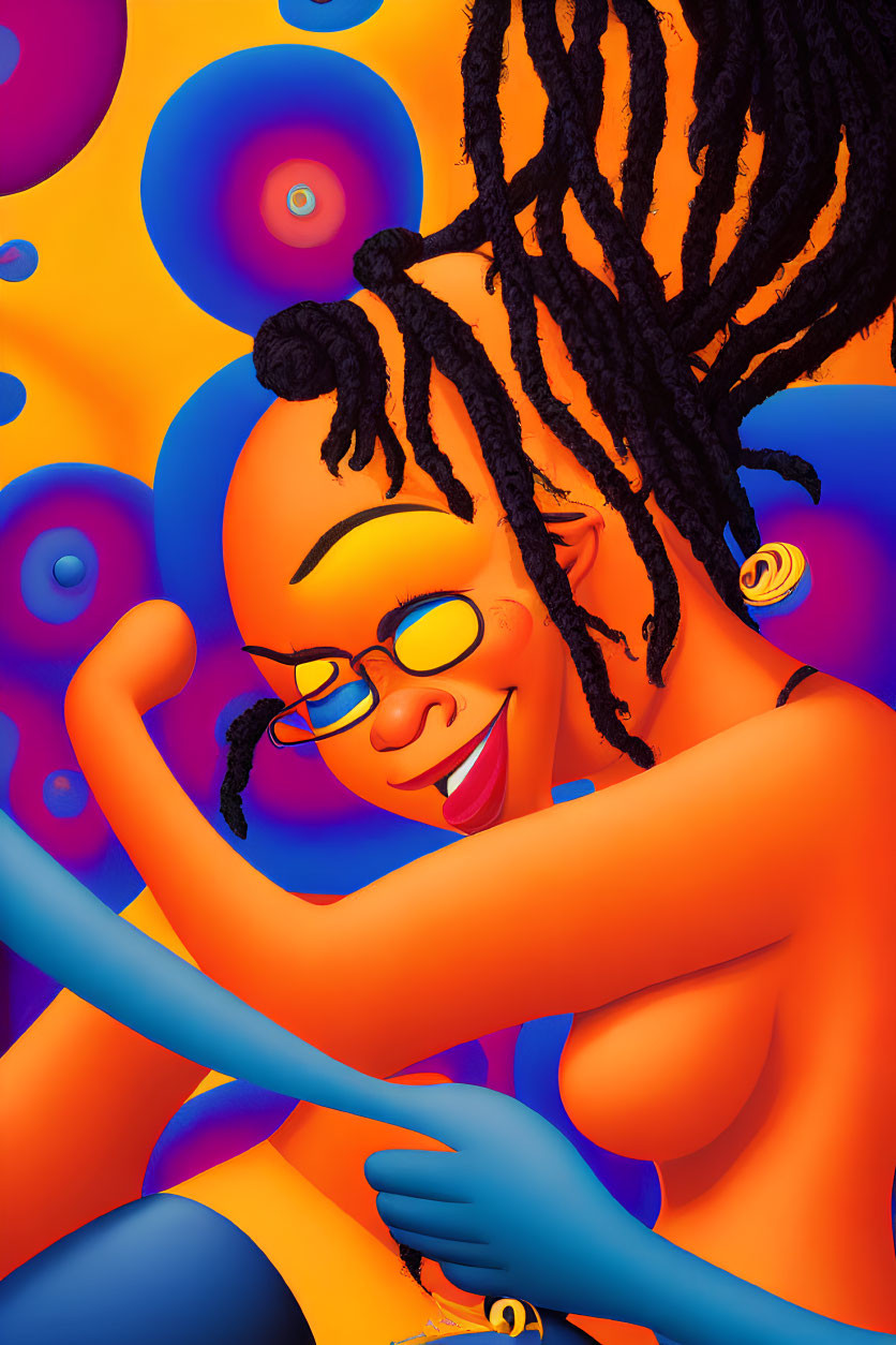 Colorful illustration: person with dreadlocks and blue glasses smiling, surrounded by abstract concentric circles