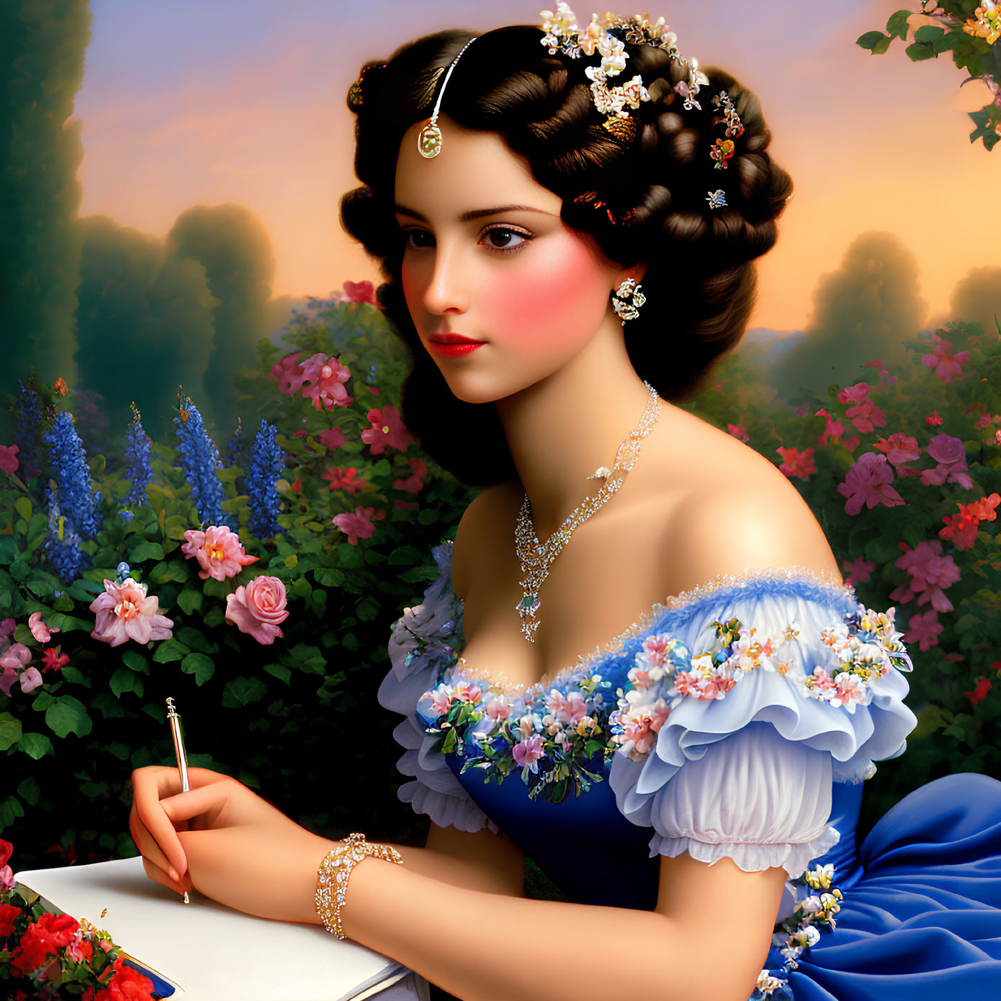 Portrait of elegant woman in blue dress with ornate jewelry writing at table amidst colorful flowers and serene background