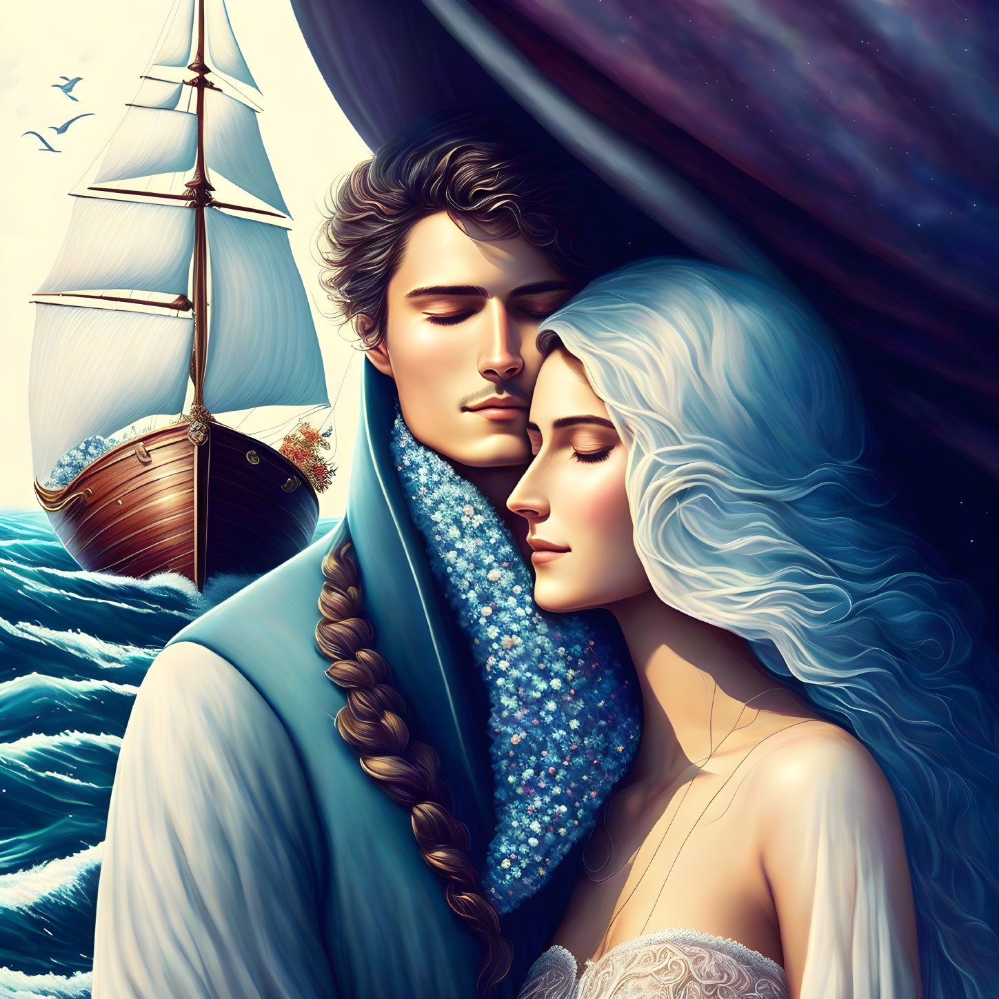 Romantic couple with sea & ship backdrop, woman with long white hair, man with strong jawline